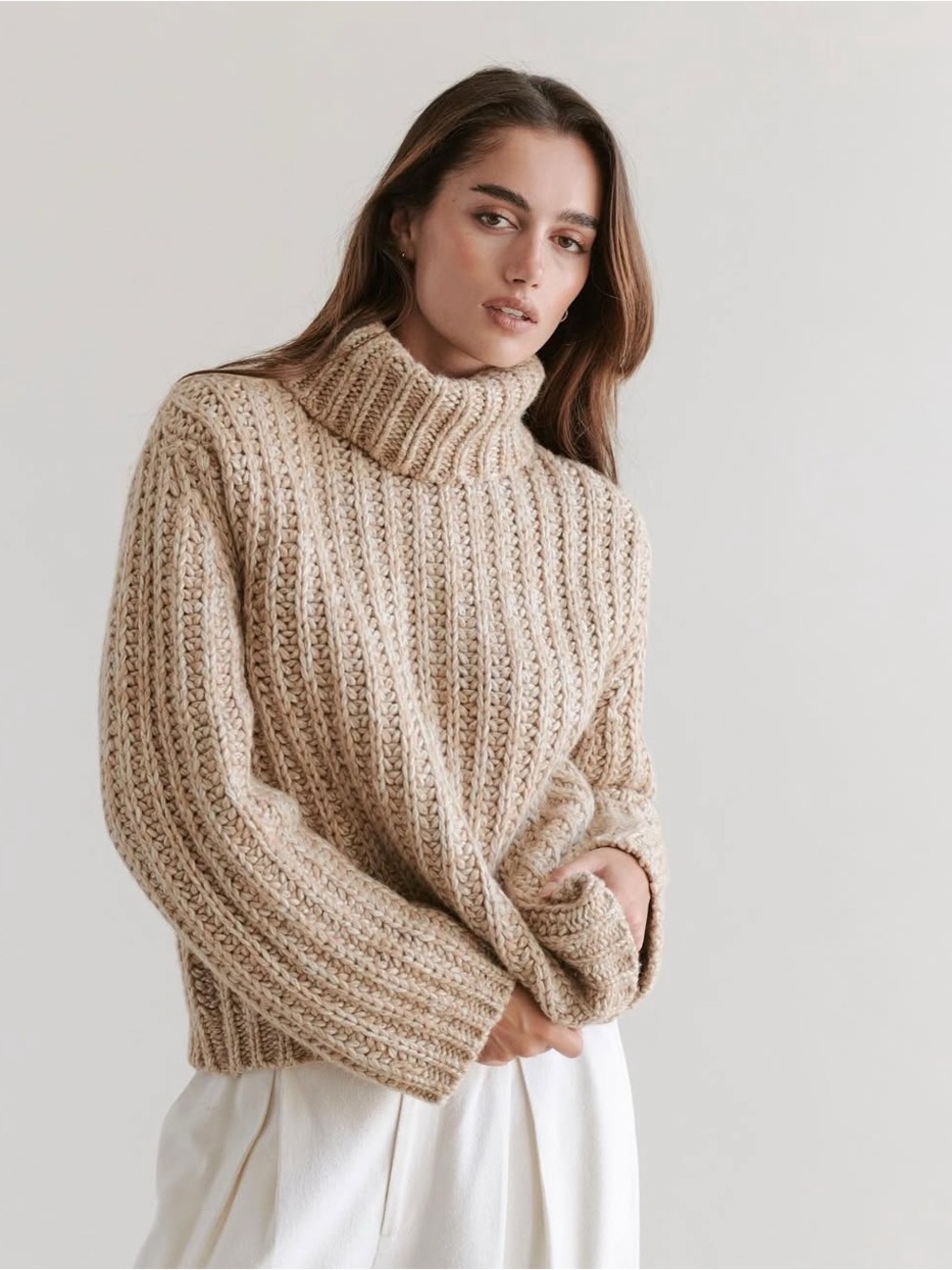 Jenni Kayne Hudson Turtleneck Sweater Camel Marl Crop Boxy Size XS Wool Blend